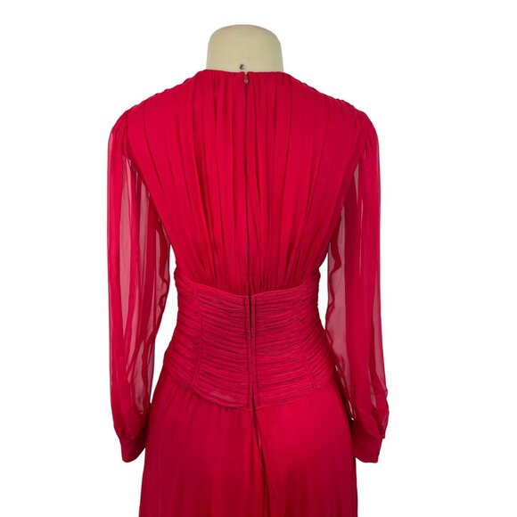 Vintage Red Long-Sleeve Chiffon Dress With Pleated Wrap Bodice Sz 10 - Picture 5 of 10